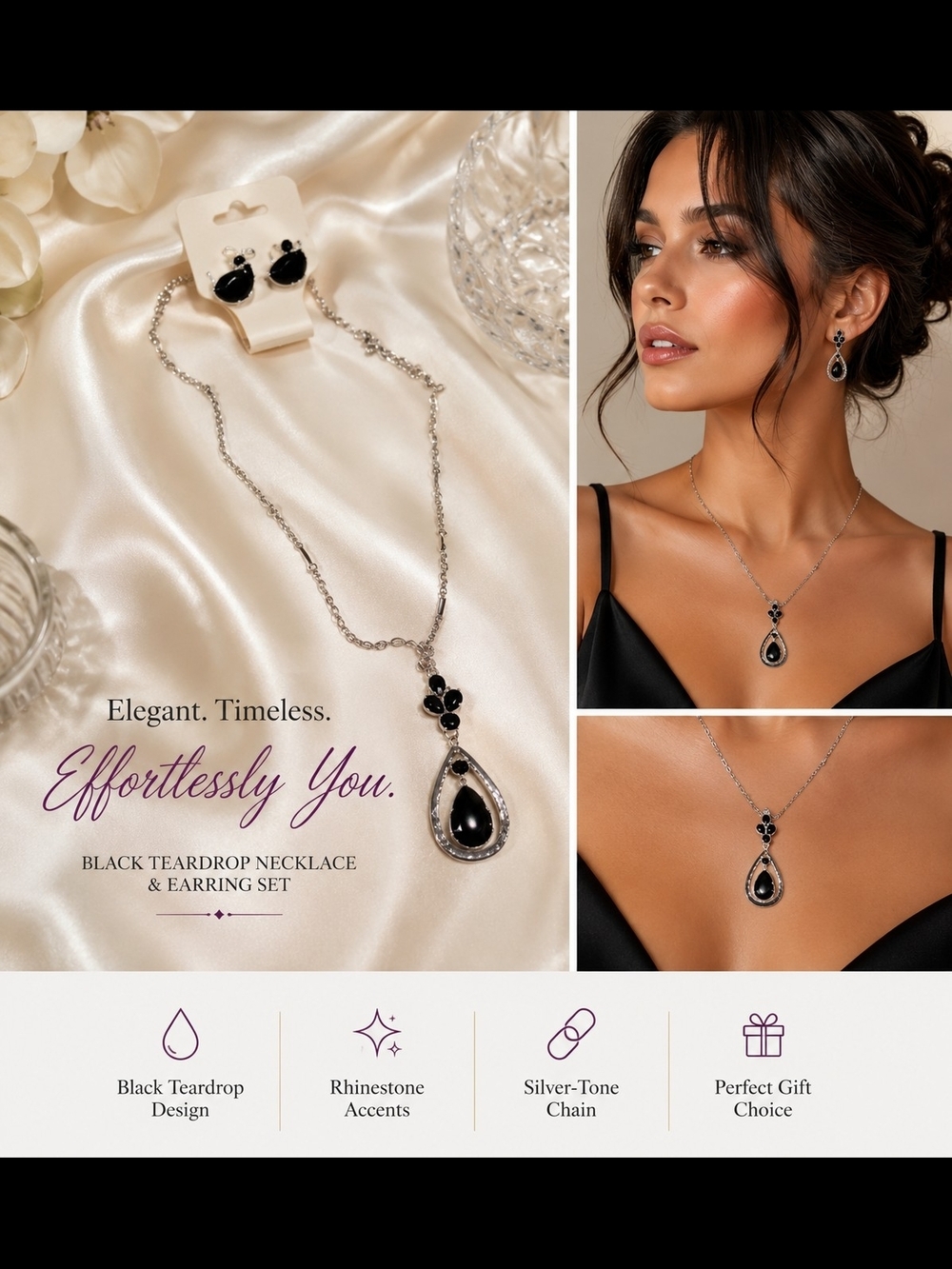 Black Teardrop Necklace & Earring Set - Silver-Tone Chain